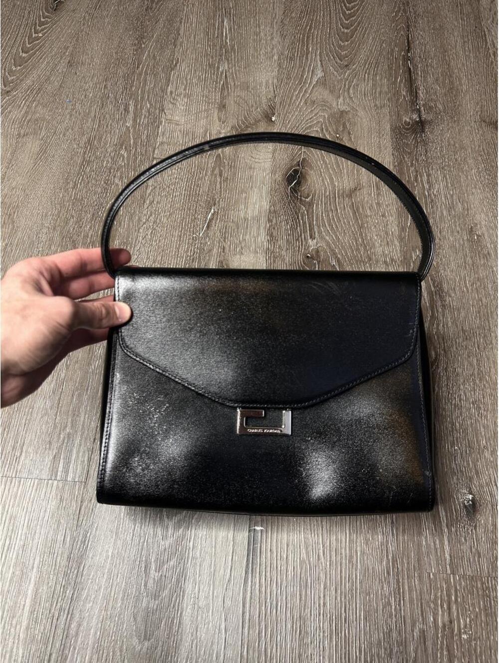 Charles Jourdan Paris Black Leather Handbag Vintage Designer HandBag Structured